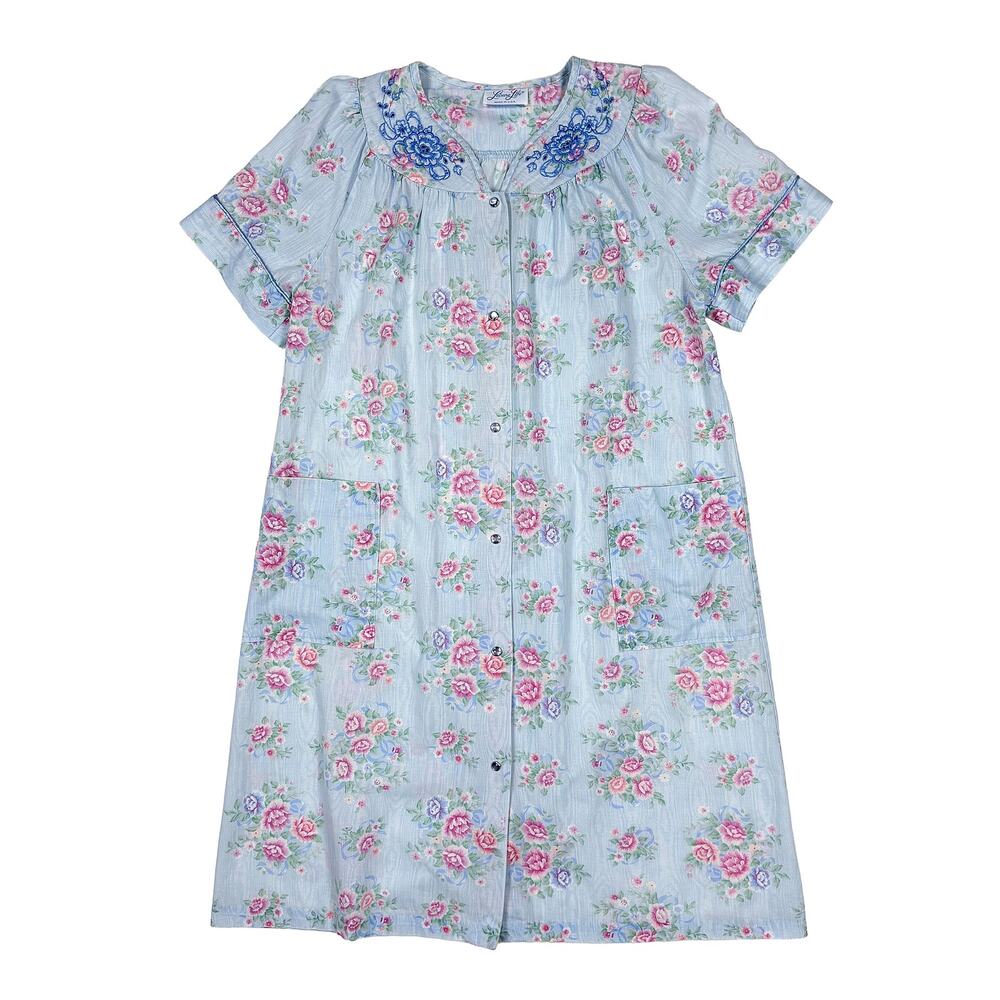 Leisure Life House Dress VTG Womens M Blue Floral Embroidered Full Snap Short